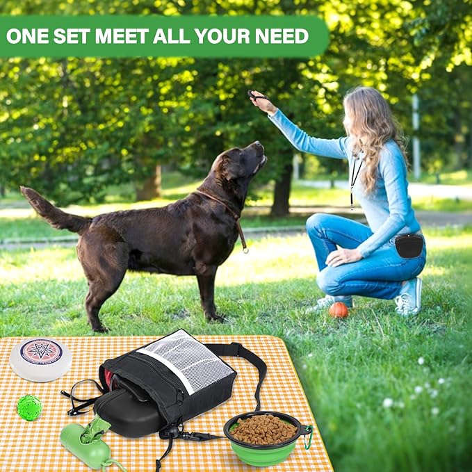 Dog Treat Pouch Pet Training Kit - Silicone Treat Bag Magnetic Closure, Puppy Training Clicker, Dog Whistle, Collapsible Dog Bowls, Poop Bags & Holder, 4 Ways to Wear Walking Fanny Pack-Black