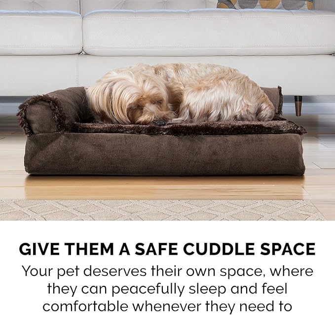 Furhaven Cooling Gel Dog Bed for Large Dogs w/ Removable Bolsters & Washable Cover, For Dogs Up to 125 lbs - Plush & Velvet L Shaped Chaise - Sable Brown, Jumbo Plus/XXL