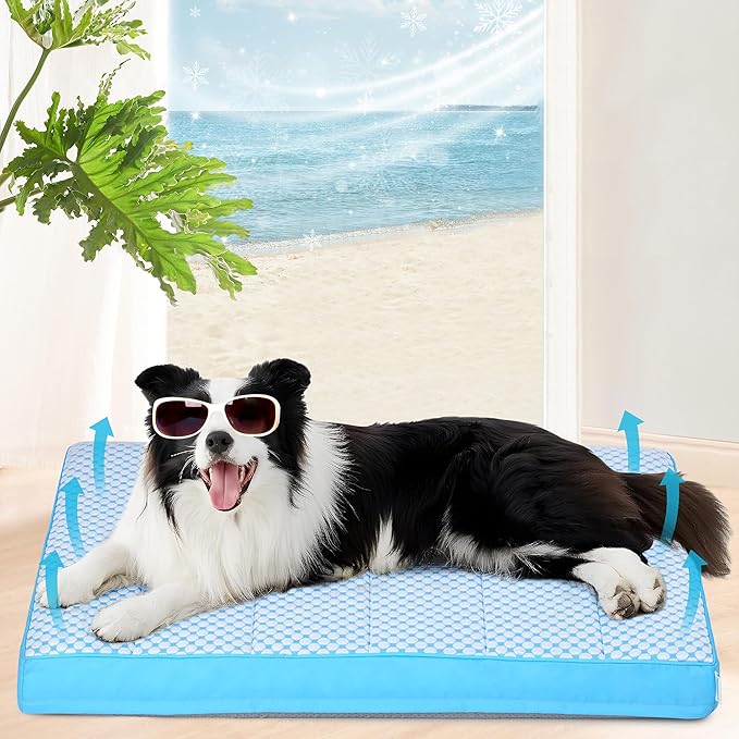 Cooling Dog Bed for Large Dogs - Orthopedic Pet Beds with Memory Foam, QMAX>0.5, Waterproof Removable Washable Cover for Hot Weather, Blue, 35" L x 23" W x 3" H