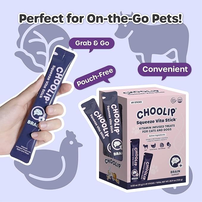 Grab & Go Squeeze Vita Stick Lickable Treats for Dogs & Cats. 49 Brain Support Sticks with Essential multivitamins. Soft and Tasty Paste for All Life Stages, Supporting Brain Health