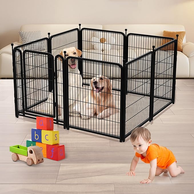 Dog Playpen 24 inch(H) 8 Panels Dog Fence Outdoor for Yard. Wide Door Low Threshold,Metal Dog Pen Heavy Duty Pet Puppy Exercise Pen for Rv Camping Garden Yard, Total 15.7 Ft(L)