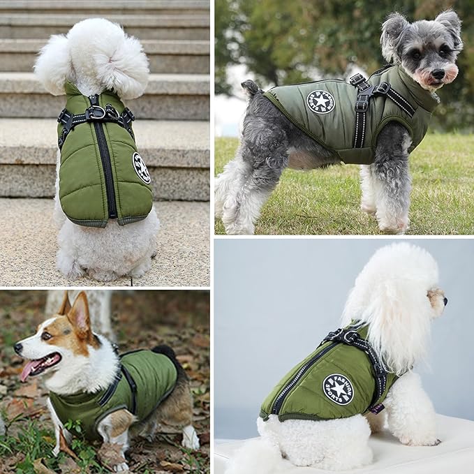 HDKUW Small Dog Jacket, Small Dog Coat Harness Winter Warm Vest Jacket Waterproof Cotton Costume for Puppy Small Dogs (2XL, Green)