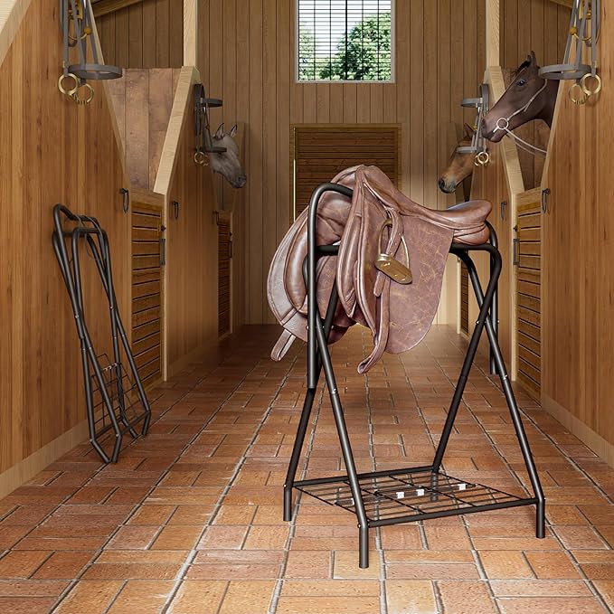 Dunatou Saddle Rack Freestanding Saddle Stand Foldable Horse Saddle Storage Rack Full Size Saddle Pad Rack Horse Blanket Holder Heavy Duty Saddle Holder for English and Western Horse Saddles, Black