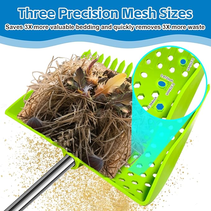12-Inch 2-in-1 Chicken Poop Scooper & Rake – US Patent Pending – 3-Shape Sifting Holes Chicken Coop Rake,Stainless Steel Handle (20–61")– Litter Scoop Sand & Sifting Shovel for Chicken Coops(Green)