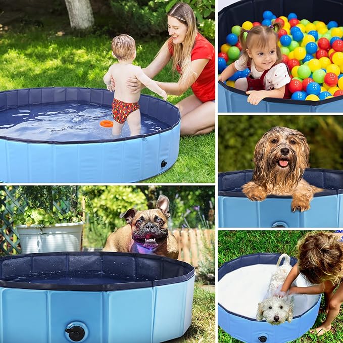 Foldable Dog Bath Swimming Pool Plastic Kiddie Pool Professional Tub Collapsible Grooming Bathtub for Pets Kids Baby and Toddler, 87 x 12 Inches Blue