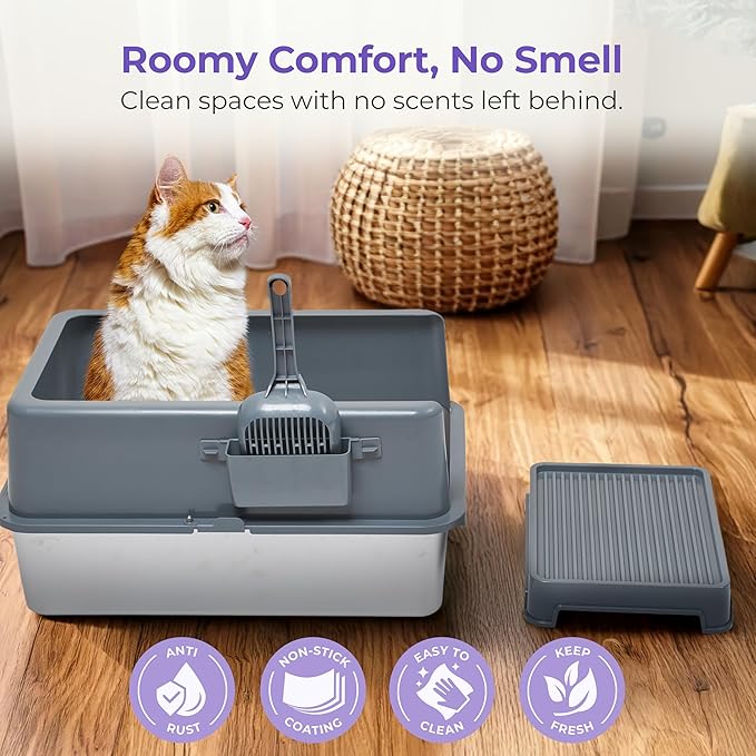 iPrimio Premium Stainless Cat Litter Box for Easy Cleanup - Durable and High Sides Stainless Steel Litter Box with Step Scoop - Mat Elevated for Cats - Scratch and Bite Proof - Dark Grey