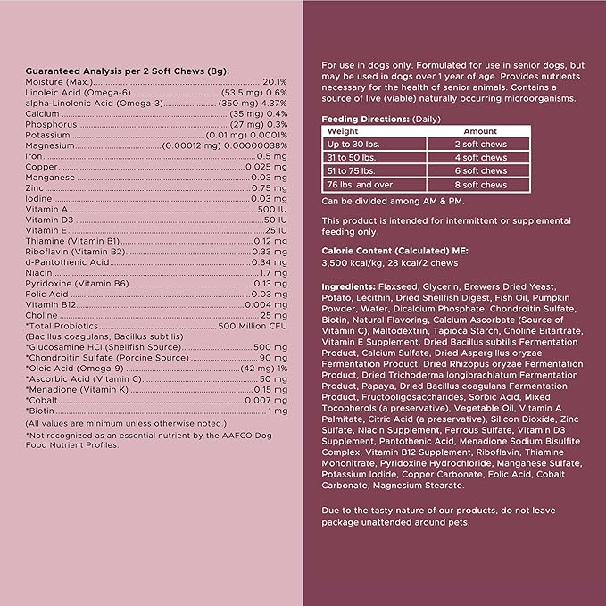 12-in-1 Multivitamin for Senior Dogs - 60 Senior Dog Vitamin and Supplement Soft Chews for Hip and Joint - Advanced Formula with Glucosamine, Omega 3,6,9, Vitamins, Probiotics - Made in The USA