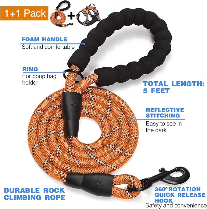 No Pull Dog Harness Adjustable Reflective Oxford Easy Control Medium Large Dog Harness with A Free Heavy Duty 5ft Dog Leash (XL (Chest: 31"-39"), Orange Harness+Leash)