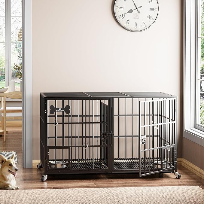54 inch XL Dog Crate for Large Dog/Double Medium Dogs,Heavy Duty Metal Dog Cages,All Metal Open Top,Dog Kennel Indoor with Wheels,Floor Grid, Tray, Divider and Feeding Bowl