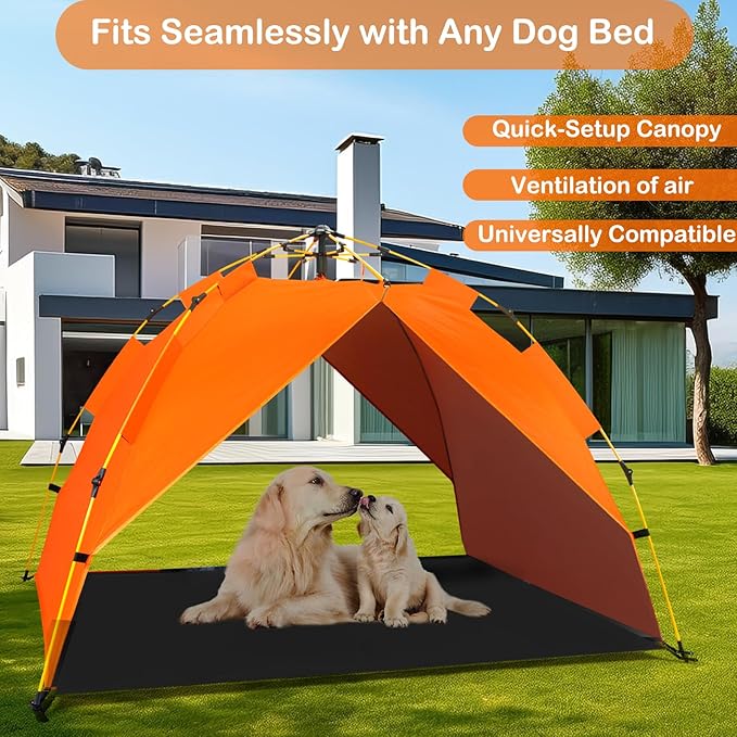 Dog Canopy Shade Shelter Tent for Small Medium Elevated Raised Outdoor Dog Bed Cots, Outside Dog House Pet Sun Umbrella, Quick Setup & No Assembly Needed, Orange 55"X40" (Cots Not Included)