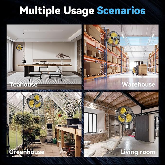 12 IN High Velocity Wall Mount Fan, 3 Speed Industrial Wall Fan with Sealed Motor, 2500 CFM Adjustable Air Circulator for Garage, Commercial, Greenhouse, Warehouse & Gazebo Use, UL Listed