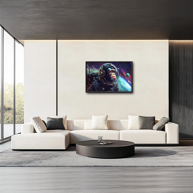 Framed Large Monkey Astronaut Wall Art, Oversized Chimpanzee Spacemen Wall Decor for Living Room, Outer Space Canvas Painting Pictures Modern Artwork for Living Room Bedroom Office 36"x24"