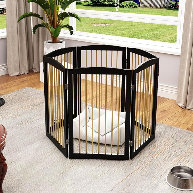Freestanding Pet Gate for Dogs, Indoor Wooden Dog Gate for House, Extra Wide Dog gate, Foldable Dog Gate for Stair, Doorway, Hall, Support Feet Included, 120 Inch Wide, 6 Panels 32",Black&Gold