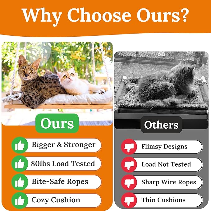 Cat Window Perch for Large Cats - Hammock Bed for Heavy Indoor Cats - Solid Wood Seat, 5 Strong Suction Cups, Soft Cushion - Rustic Shelf for Pets Inside