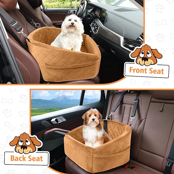Dog Car Seat for Small Medium Dogs,Detachable Washable Dog Booster Seat Under 30lbs,Pet Car Seat Travel Bed with Storage Pockets and Dog Safety Belt(Brown