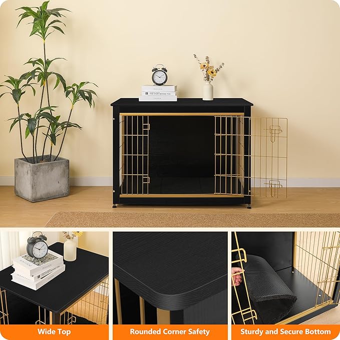 DWANTON Dog Crate Furniture with Cushion, Wooden Kennel Table with Double Doors, Indoor Dog House, Large Size, 38.5" L, Black+Gold
