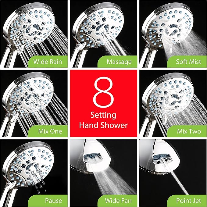 Hotel Spa AquaCare for California As-Seen-On-TV High Pressure Handheld Rain 50-mode 3-way Shower Head Combo with Adjustable Arm, Anti-clog Jets, Tub & Pet Power Wash, 6 ft. Stainless Steel Hose