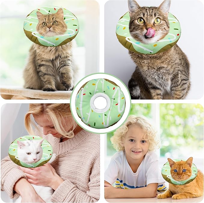 Cat Cone Collar Soft, Adjustable Cat Recovery Collar Kitten Cones to Stop Licking, Cute Donut E Collar After Surgery, Cats Neck Pillow Cone Elizabethan Cones of Shame (Waterproof Green, Medium)
