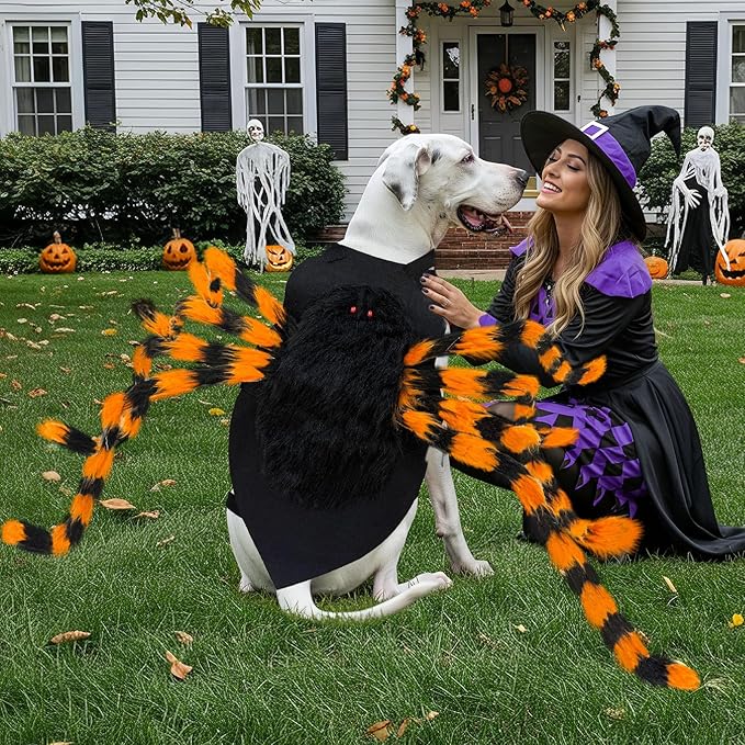 Dog Halloween Costume Large Breed, Furry Dog Spider Costume with 64 LED, Funny Halloween Dogs Costumes for Large Dogs Medium Pet Halloween Party Cosplay (Orange)