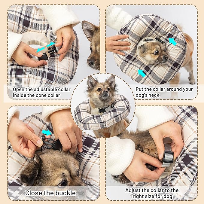 Cat Cone Collar Soft, Adjustable Plaid Elizabethan Cat Recovery Collar After Surgery to Prevent Licking & Scratching Wound, Fits Small Medium Large Cats, Puppy, Small Dogs