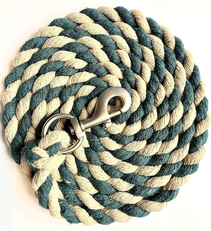 Majestic Ally Pack of 2 Solid Cotton Lead Rope for Horses & Livestock – 10 Foot Long and 5/8 inch Thick - Replaceable Heavy-Duty Satin Bolt Snap – Handmade – Soft, Broken in Feel (Hunter Green -Tan)