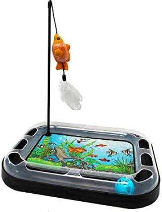 Cat Scratching Toy with Scratcher Board and Fish Aquarium Design, Fun and Exciting Catnip Cat Toy, Floppy Fish Toy with Feathers and Catnip Included