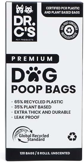 Certified 65% PCR (Post Consumer Recycled) Plastic and 35% Plant Based Dog Poop Bags - Dr. C's Premium Dog Poop Bags - 120 Bags / 8 Rolls, Extra thick, Leak Proof, Unscented, Earth Friendly
