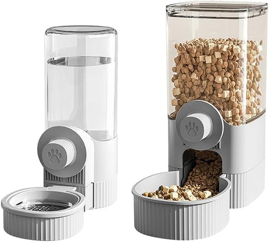 GPY Automatic Hanging Gravity Pet Feeder and Water Dispenser Set ，Automatic Dog Feeder and Dog Water Dispenser for Dogs Cats Pets Animals Large Capacity (Blue Water Feeder&Food Feeder) (Grey)