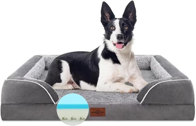 Comfort Expression Cooling Dog Bed for Large Dogs, Orthopedic Memory Foam Beds, Waterproof Washable Dogs Bed with Removable Cover, Pet Bed Dog Sofa with Bolster(Large,Silver Grey)