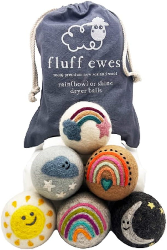 Fluff Ewes Wool Dryer Balls 6 Pack Premium New Zealand Wool Laundry Balls for Dryer, No Static Dryer Balls Laundry Reusable, XL Wool Dryer Balls Cute, Baby Dryer Balls for Dryers - Rainbow or Shine