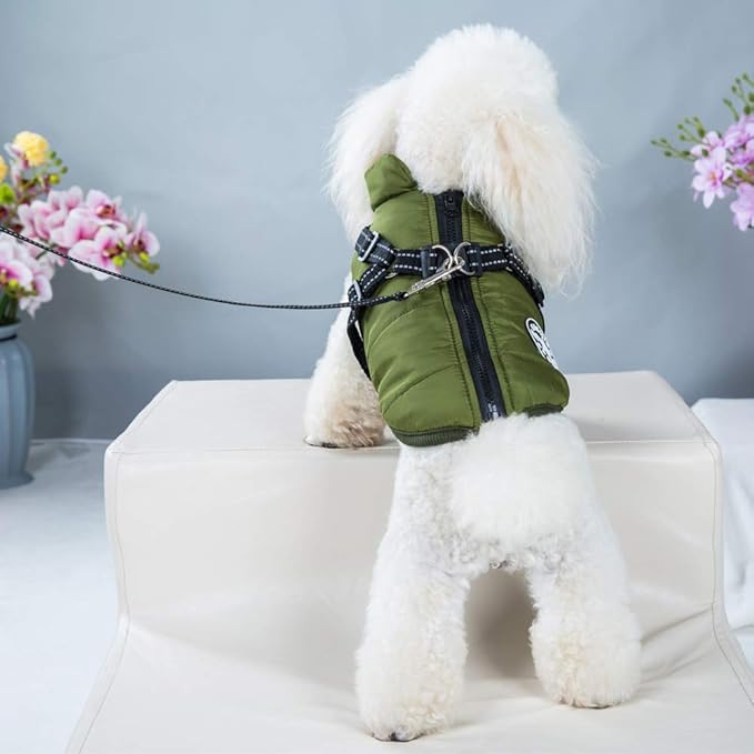 HDKUW Small Dog Jacket, Small Dog Coat Harness Winter Warm Vest Jacket Waterproof Cotton Costume for Puppy Small Dogs (2XL, Green)