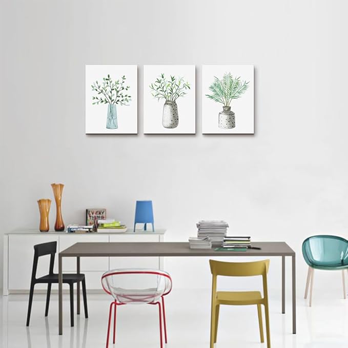 AHUASJART Canvas Wall Art Paintings For Kitchen Dining Room Large Size Wall Decor Living Room Wall Decoration For Bedroom Office Decor Green Leaf Vase Wall Pictures Artwork For Home Walls 3 Piece