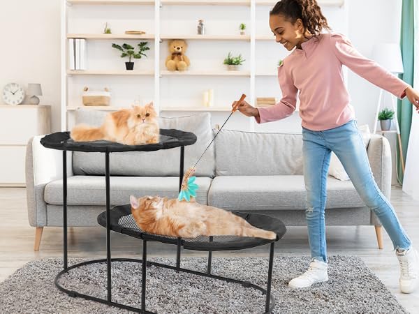 Defined Deco 2 Tier Elevated Cat Hammock Bed, Furniture Cat Bed Breathable Comfortable, Raised Cool Ca t Hammock for Indoor Cats, with Removable Mesh and Steel Frame for Summer