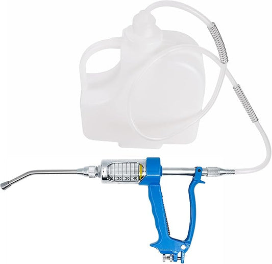 50ML Veterinary Metal Feeding Gun, Continuous Drench Gun Dosing Device Veterinary Adjustable Medicine Dispenser Husbandry Autonomous Feeding Tool, for Pig Cow, Sheep, Horse (Blue, 50ML+Kettle)