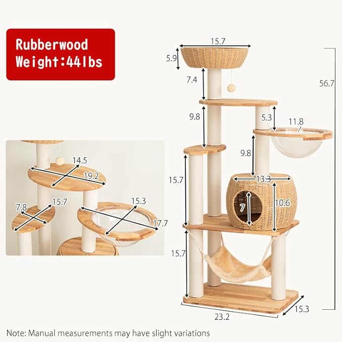 57'' Cat Tower for Large Cats, Manual Hand Woven Modern Multi-Level Condo with Natural Wood, Cat Activity Centre for Medium and Big Pets