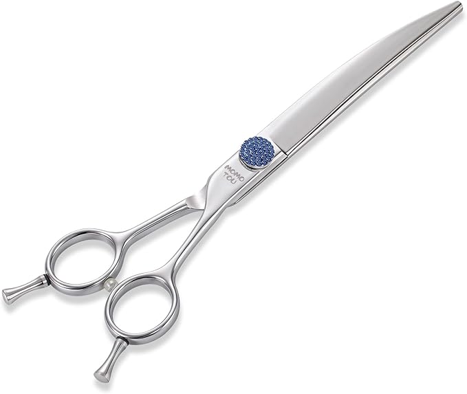 7'' Dog Grooming Scissors CNC 440C Blades Sharp and Durable Polished Curved Dog Shears with Blue Diamond Adustable Screws Easy to Use for Groomer and Home User
