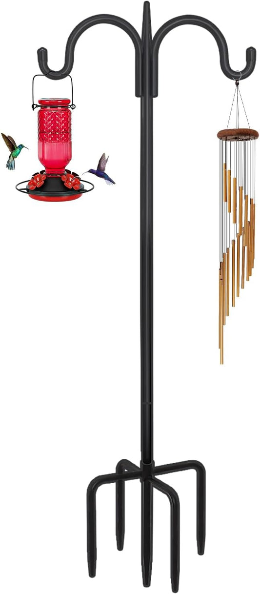 FEED GARDEN Adjustable Double Shepherds Hook for Outdoor with 5 Prong Base 63 Inch Heavy Duty Two Sided Bird Feeder Pole for Hanging Plant Baskets, Solar Light Lanterns, Wind Chimes