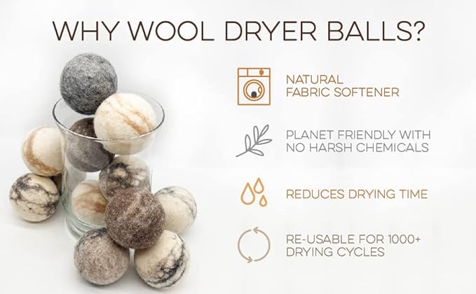 Fluff Ewes Wool Dryer Balls 6 Pack Premium New Zealand Wool Laundry Balls for Dryer, No Static Dryer Balls Laundry Reusable Cute, XL Wool Dryer Balls Cute, Baby Dryer Balls for Dryers - Marble