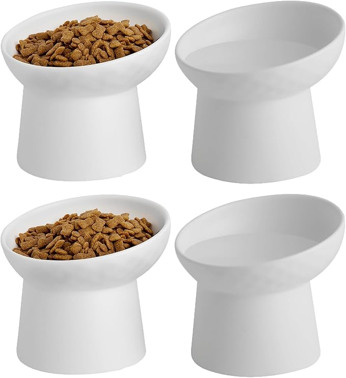4 Pcs Small Ceramic Raised Cat Bowls, Tilted Elevated Food or Water Bowls, Stress Free, Backflow Prevention, Dishwasher and Microwave Safe, Lead & Cadmium Free(4pc White)