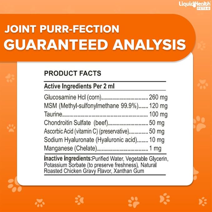 LIQUIDHEALTH Pets Liquid Cat Glucosamine Joint Purr-Fection - Hip & Joint Health Relief Support, Chondroitin Feline Droppers for Senior Older Adult Cats & Kittens - Made in The USA (2 Pack)