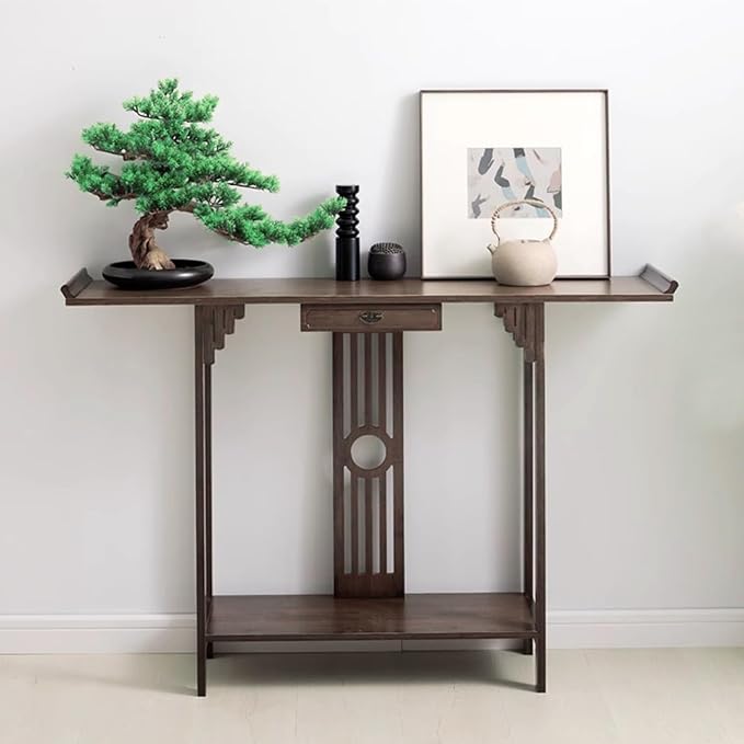 Console Table with Storage Shelves, 2 Tiers L 40.1” Narrow Sofa Table with Drawers, Bamboo Entryway Table for Small Spaces, Living Room Hallway Foyer Corridor Wood Entry Table