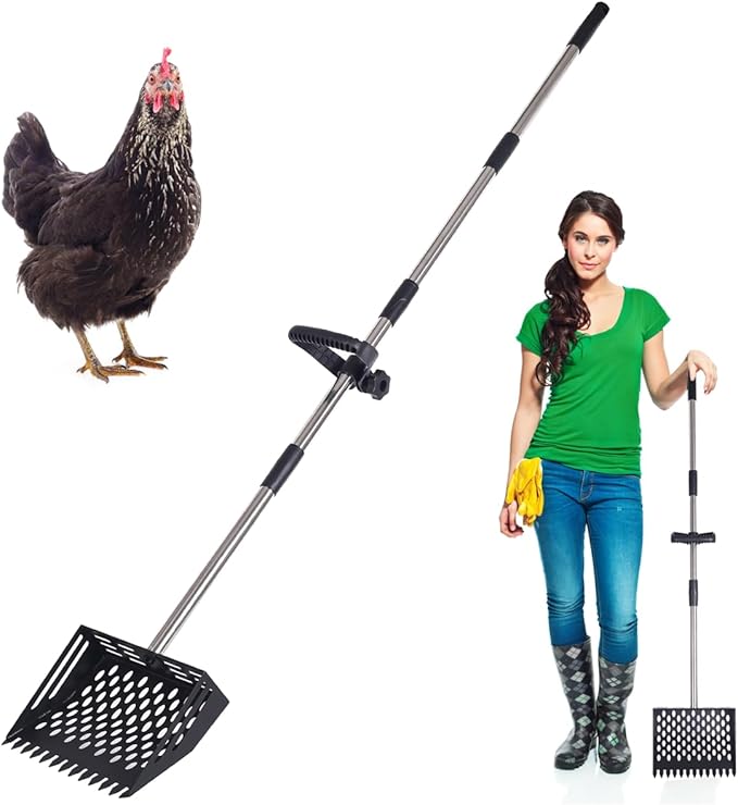 Chicken Poop Scooper, 2-in-1 Coop Litter Scoop, Heavy Duty Metal Adjustable Shovel for Sand/Litter