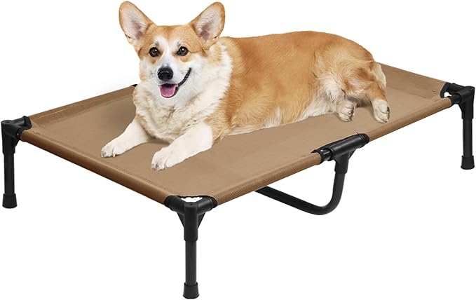 Elevated Dog Bed for Medium Dogs, Outdoor Cooling Raised Dog Beds Washable Pet Cot with Removable Mesh, Lifted Pets Hammock with Frame, Easy to Assemble, Brown, M