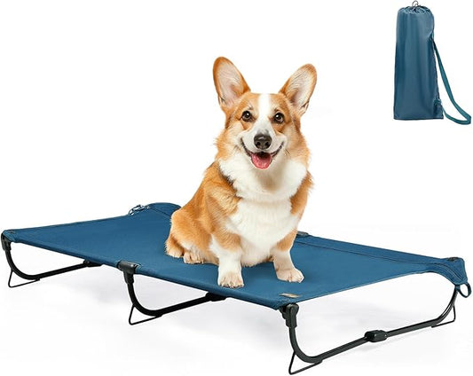 Daisy Cot, Medium Foldable Elevated Dog Bed, Portable Raised Outdoor Folding Dog Cot, Cooling, Chew Proof, Waterproof, Heavy Duty Up to 160 Lbs for Camping/Home, Dark Blue, 32"x 19"x6"