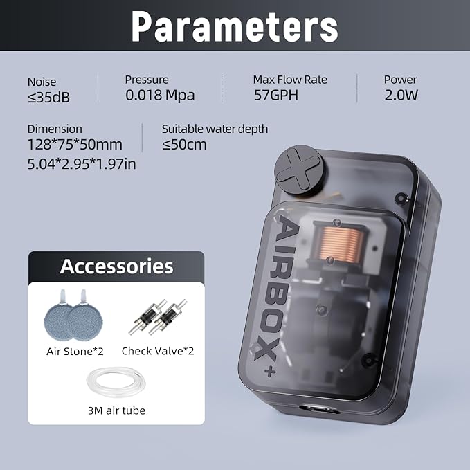 Fish Tank Air Pump,Ultra-Silent/Small Size/More Output Aquarium Air Pump 2w/57GPH/18Kpa,with Air Stone Bubbler,Adjustable Airflow,Dual Outlet,Suitable for 40-60 Gallon Fish Tank