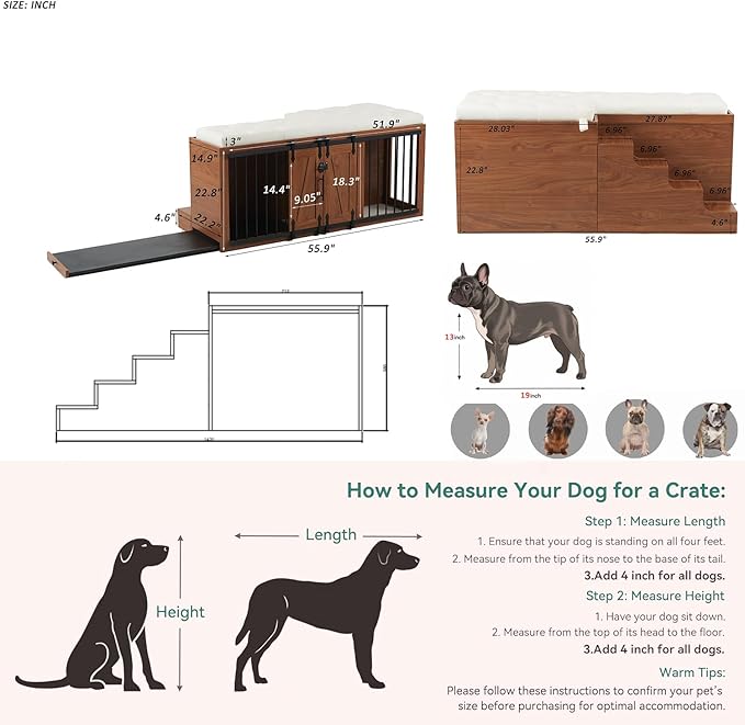 56" L Dog Crate Furniture with Padded Seat, End of Bed Bench Ottoman with Cushion, Wooden Dog Kennel with Pet Stairs & Sliding Barn Door for Bedroom, Living Room, Walnut