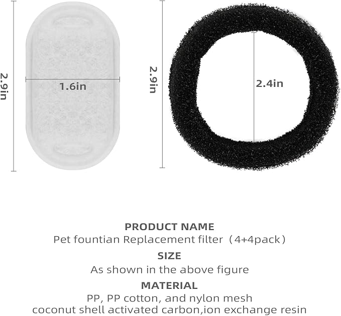 Cat Water Fountain Filter Compatible with Stainless Steel Dispenser, Efficient Filtration with Coconut Shell Activated Carbon and Fresh Water (4 Filters+4 Sponges)