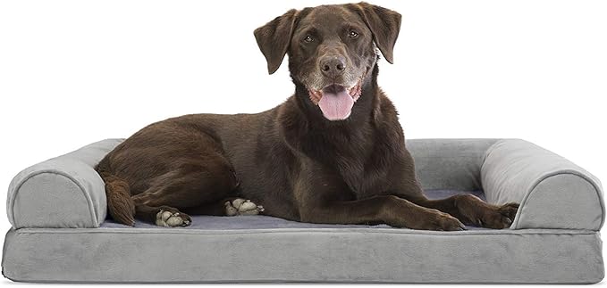 Furhaven Orthopedic Dog Bed for Large/Medium Dogs w/ Removable Bolsters & Washable Cover, For Dogs Up to 55 lbs - Faux Fur & Velvet Sofa - Smoke Gray, Large