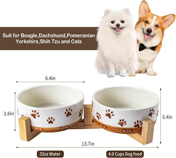Ceramic Dog Bowls for Small and Medium Dogs, 32 OZ Dog Food and Water Bowl Set with Wooden Stand and Non-Slip Silicone Food Mat, Weighted Embossed Cute Puppy Bowls Feeding Dishes Set of 2