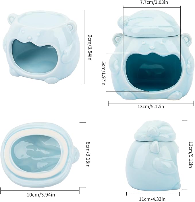 3-in-1 Bear Shaped Ceramic Hamster House - Cool House for Syrian Dwarf Hamsters, Mice, Gerbils， Small Pets, Top for Hamster Food, Removable Lid for Ice Packs, Cute Cool Hideout for Summer（Blue）